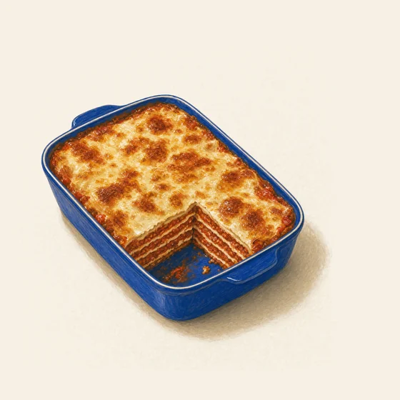A blue dish of lasagna with the corner square just served, painted for Fairhand.