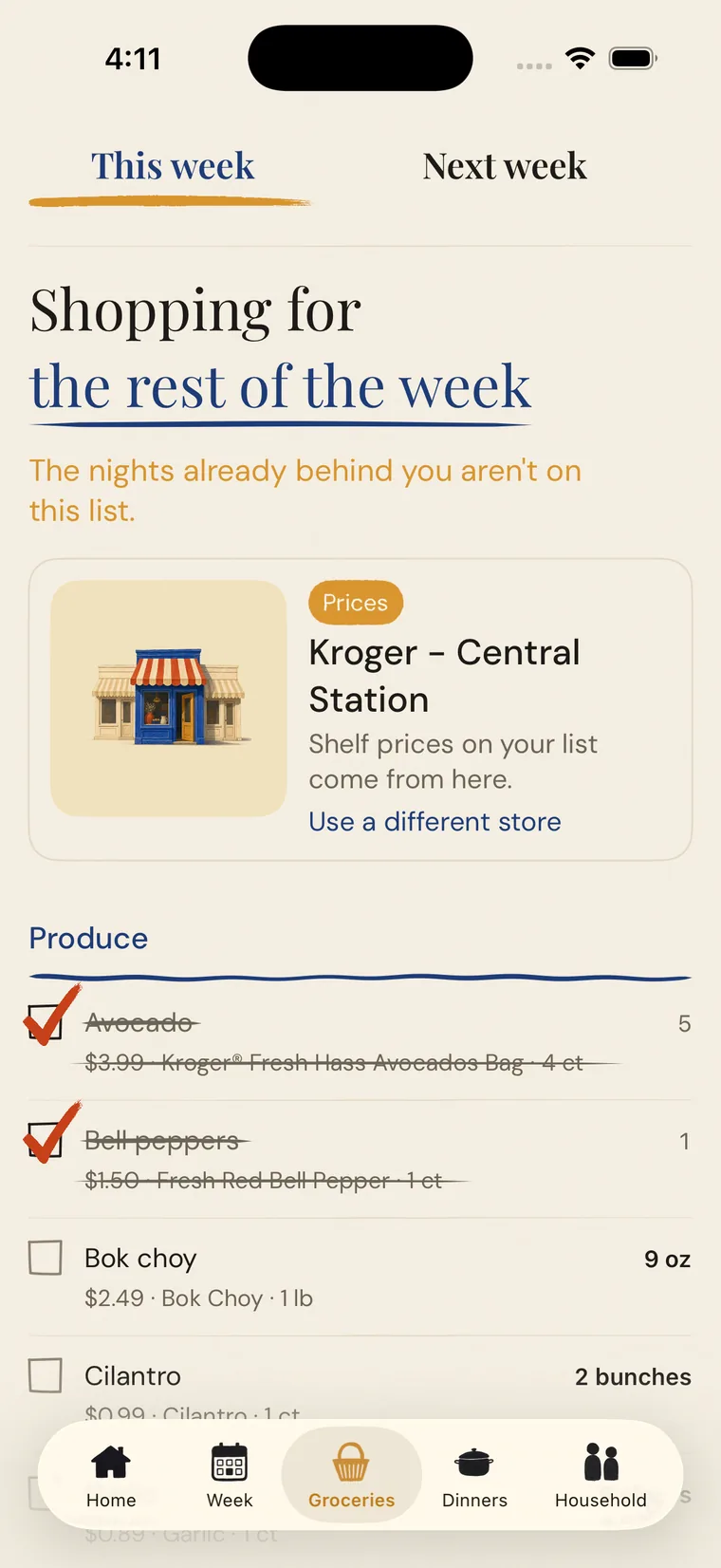 The Groceries screen: the week's shopping on one list, priced from the chosen Kroger store, grouped by aisle, with the first two items already checked off.
