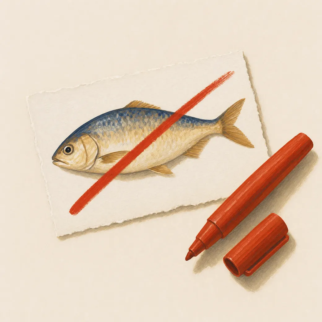 A fish on a card, crossed out in red marker.