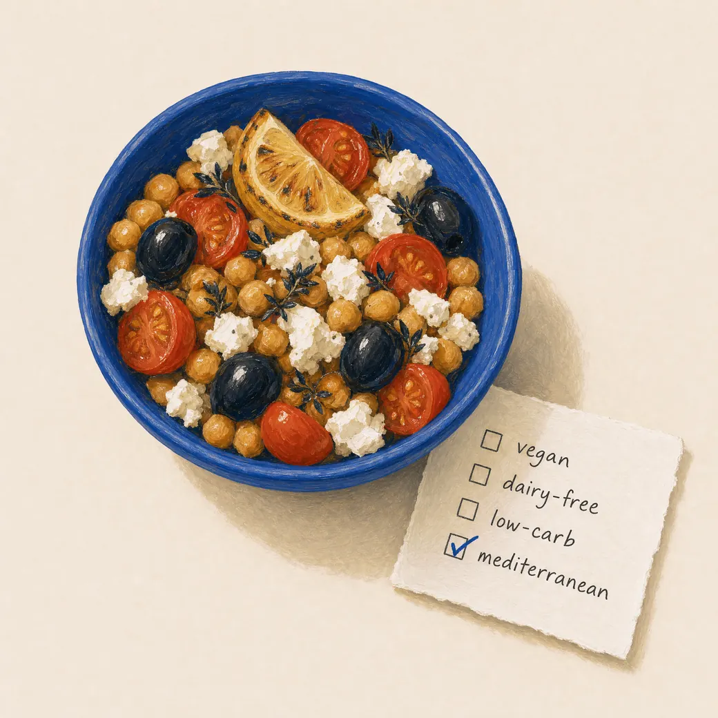 A Mediterranean bowl beside a card of diets, with Mediterranean ticked.