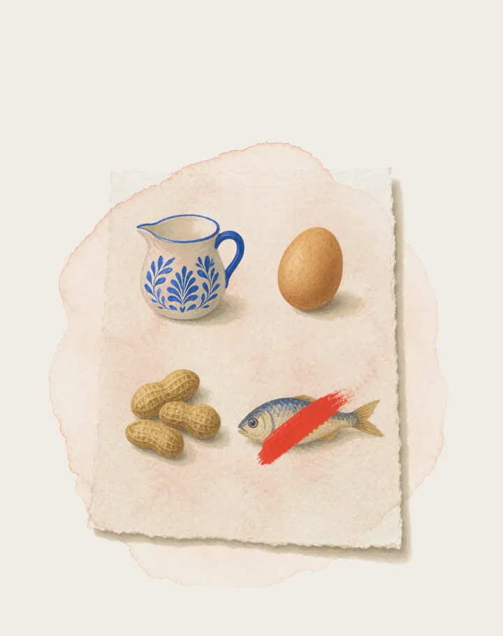 A card of foods (a jug of milk, an egg, peanuts and a fish) with the fish struck through in red paint.