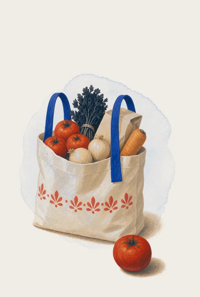 A canvas tote of groceries: tomatoes, onions and a carrot. One more tomato goes in, and one rolls out onto the table.