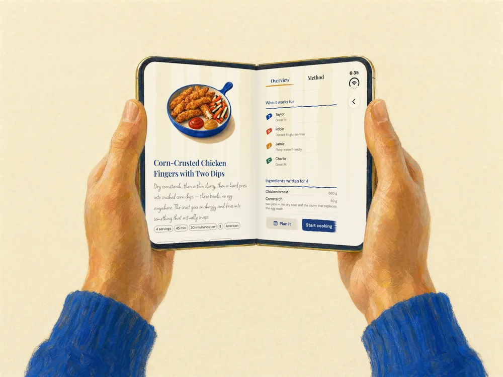 Two hands in blue knit cuffs holding Fairhand open on iPhone Duo: a dinner on the left screen, and who it works for on the right.