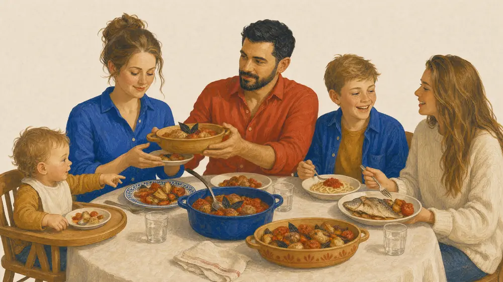 A family of five passing a dish across the table. Every plate is served differently, and the toddler’s is cut up small.