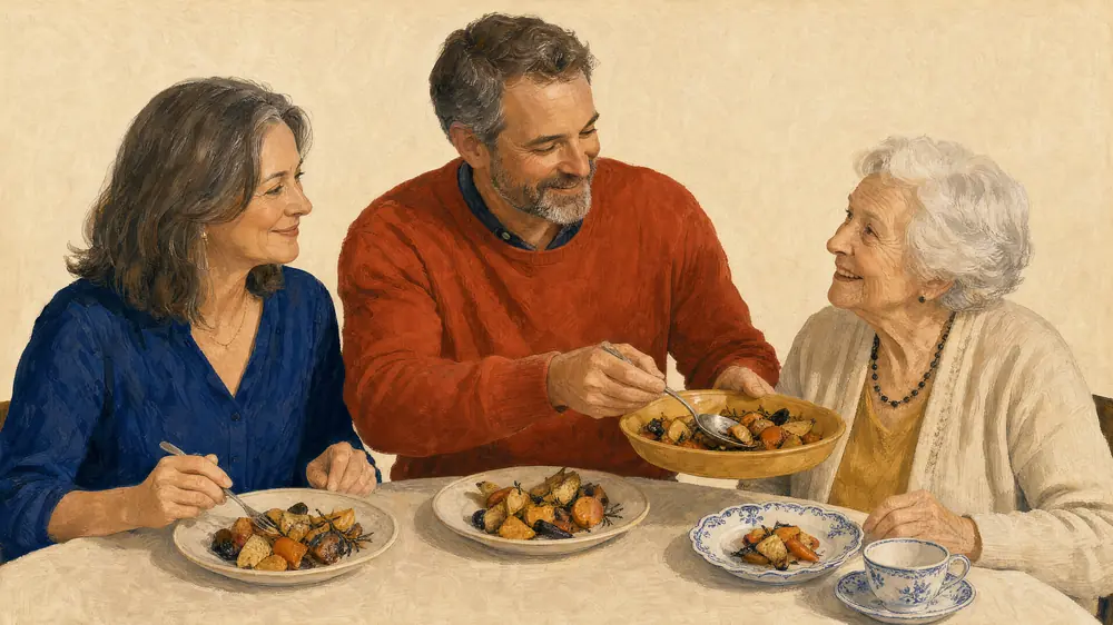 A couple and a visiting grandparent at dinner. He serves his mother first, and she has the good china and a smaller portion.