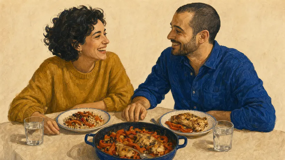Two partners laughing across the corner of a table, one skillet between them. Her plate has the peppers and grains, his has the chicken.