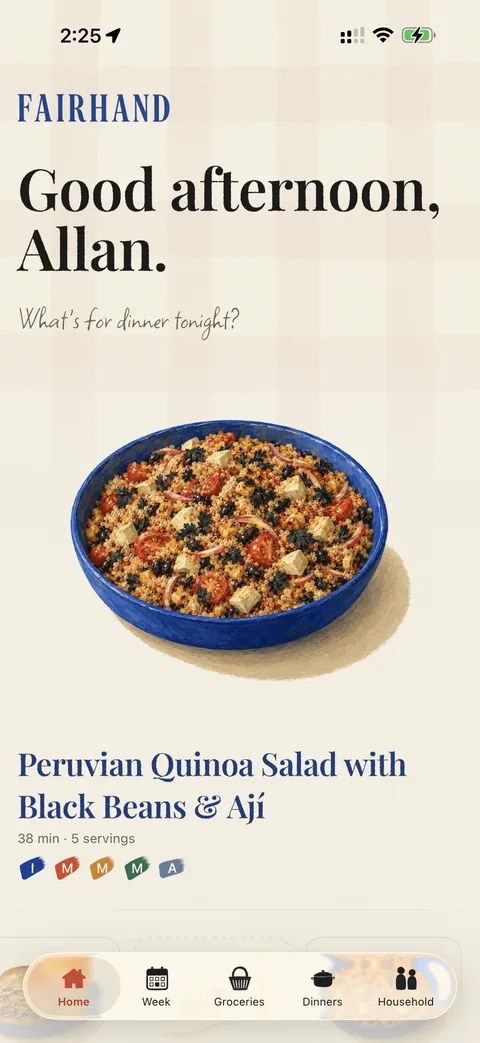 Fairhand on iPhone: tonight's dinner, the four household marks beneath it, and a line reading "Sam: Doesn't fit low-carb."